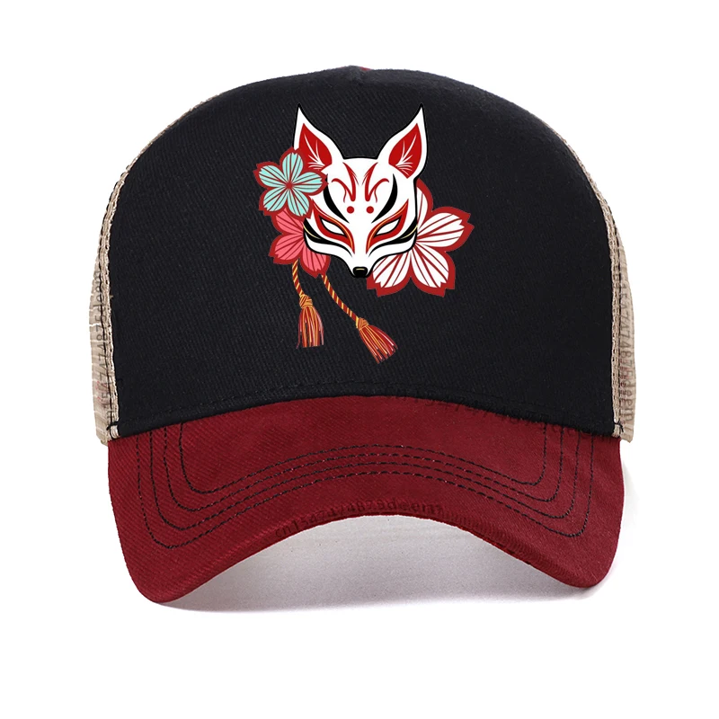 

Japanese Aesthetic Kitsune Fox Mask Art Womens hat Hip Hop Trendy Fox Mask Baseball Cap Harajuku pop Mesh Trucker hats