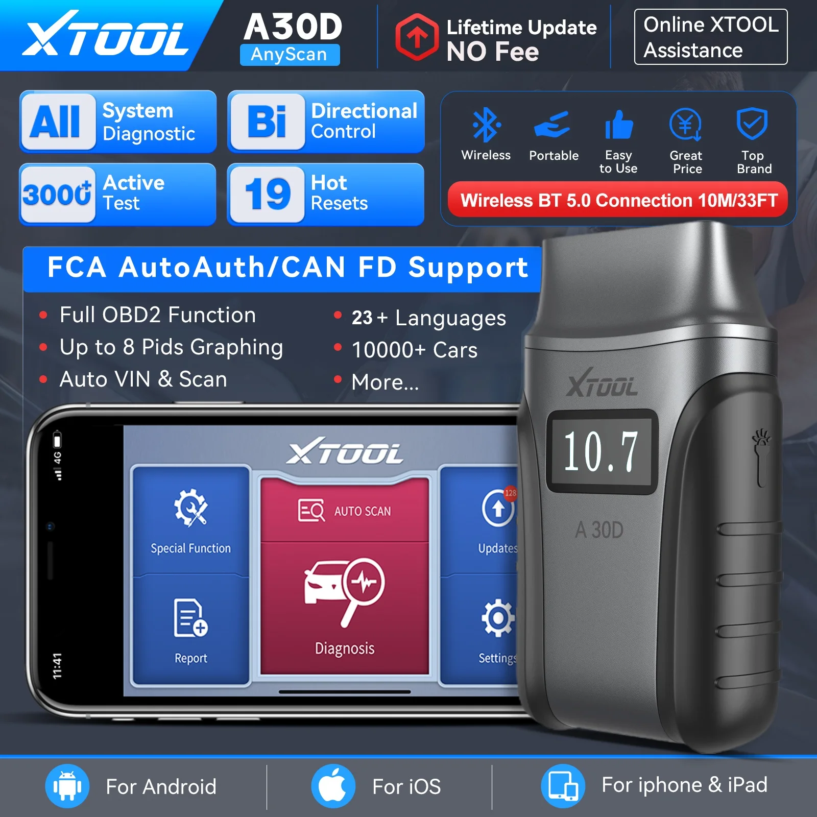 Picture 3: XTOOL A30D V2.0 OBD2 Scanner Full System Car Diagnostic Tools with Android / iOS APP OBD Bidirectional Control Scanner 8-IN-1 Live Data FCA Autoauth CAN FD Protocol 19+ Resets Lifetime Free Software Update