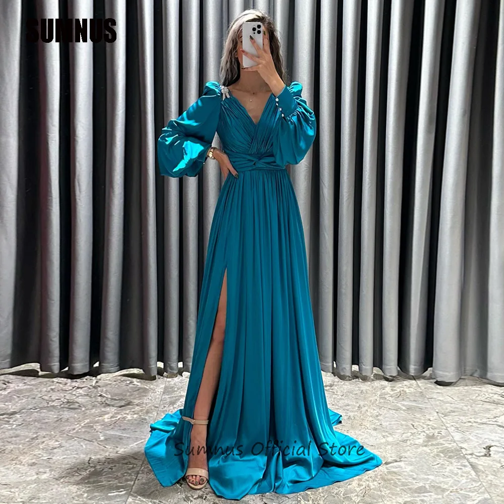 

SUMNUS Ice Blue A Line Evening Arabic Party Dresses Side Slit Long Sleeves Prom Dress Formal Occasions Gowns Dubai فساتين الحفلا