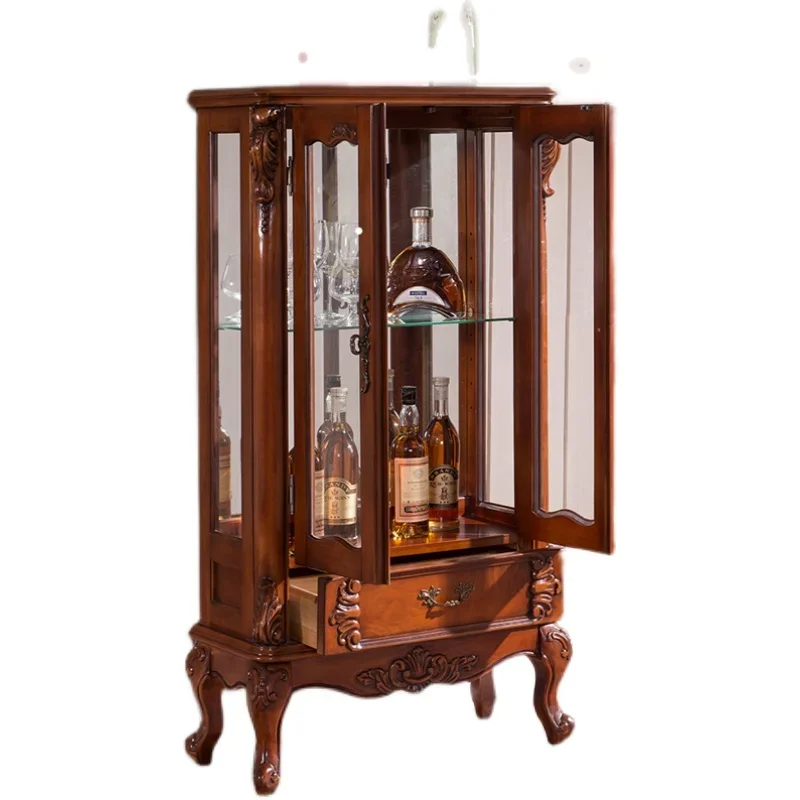 

American solid wood double door wine cabinet European engraving with glass decoration living room home wine cabinet