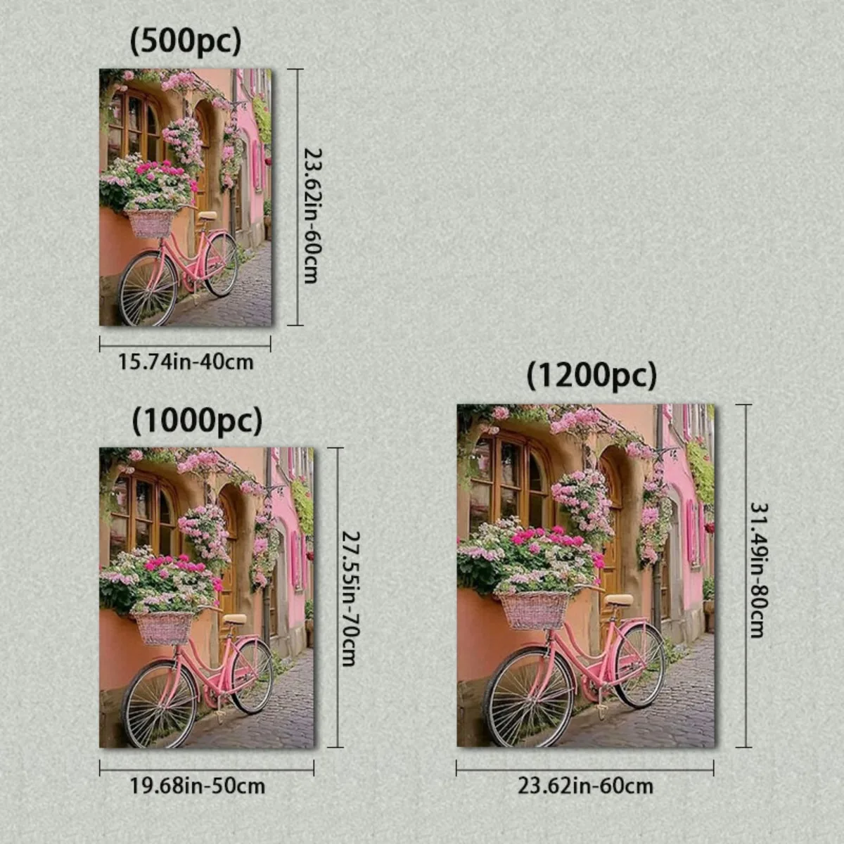 500/1000/1200pcs Extra Large Jigsaw Puzzle - European Village Scene with Pink Bicycle, Floral Houses & Cobblestone Streets - T