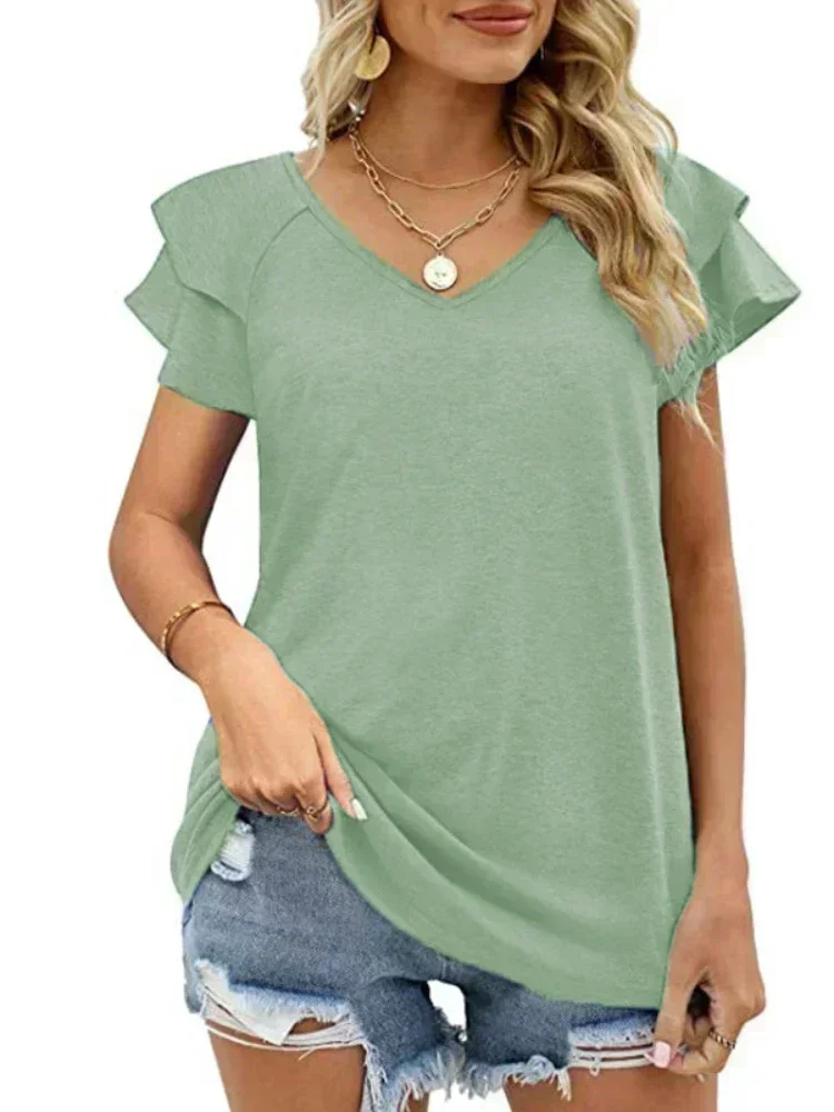 Women\'s Ruffle Short Sleeve V Neck T-Shirts, Casual Loose Tops for Summer