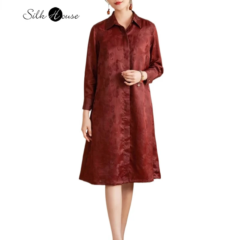 2025 Women's Summer Fashion New 100% Natural Mulberry Silk Gambiered Guangdong Gauze Loose Red Cloud Yarn Shirt Dress