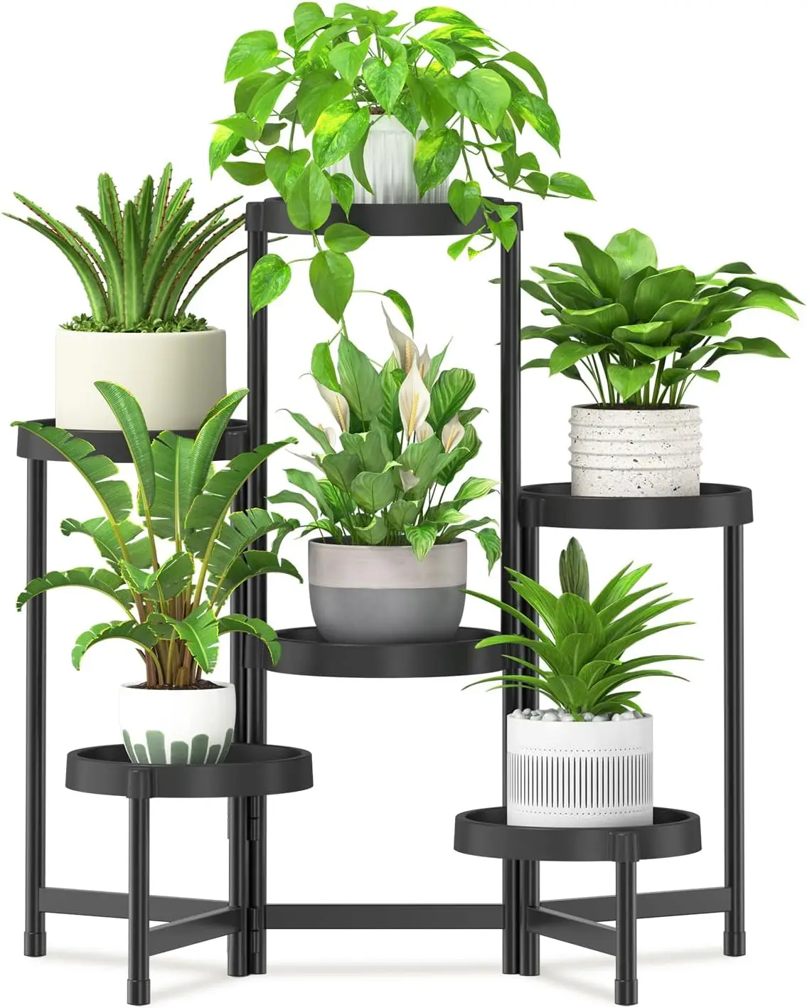 

6-Tier Folding Plant Stand with Plastic Tray, Metal Flower Shelf for Indoor Outdoor Use in Living Room Garden