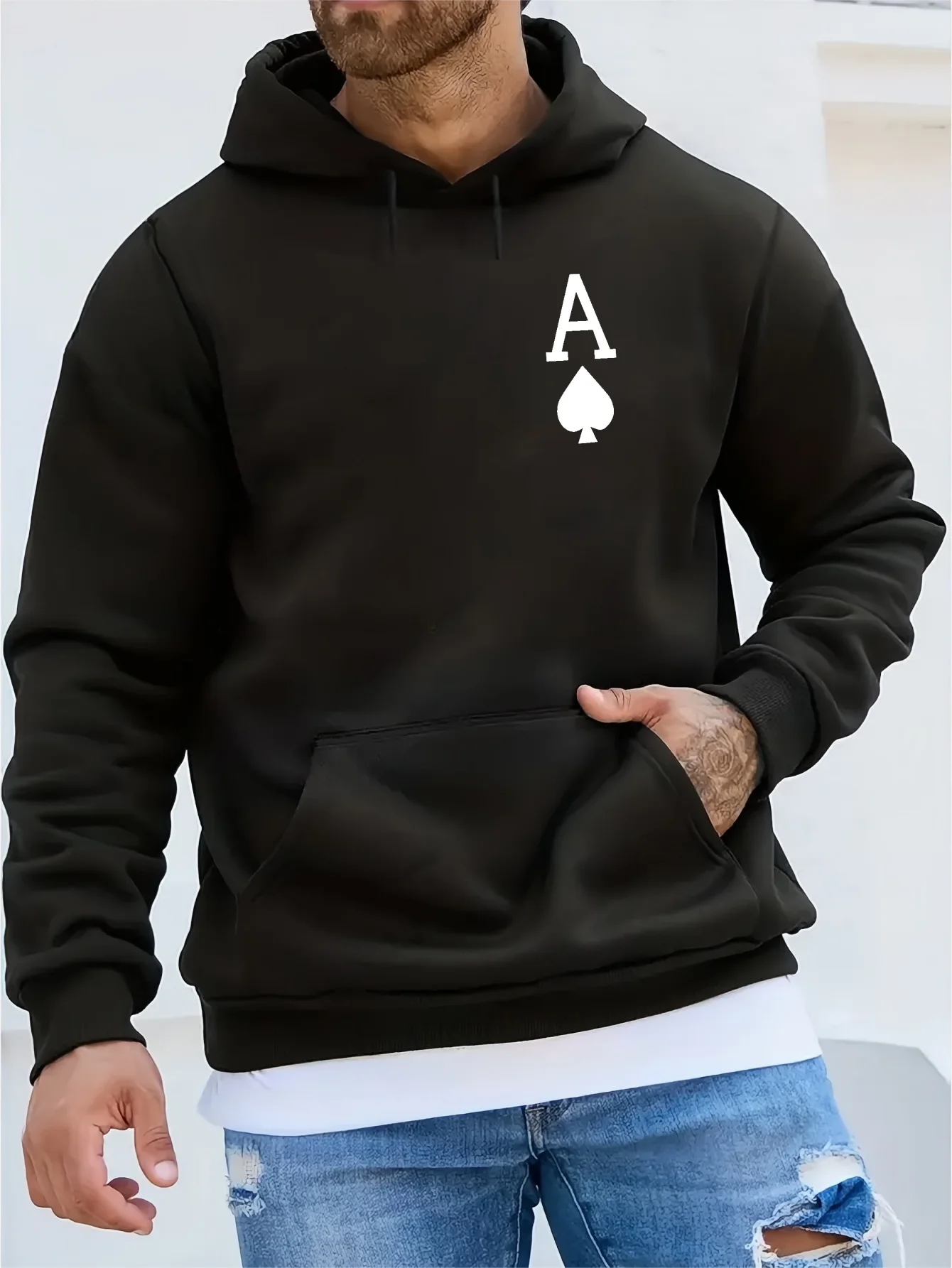 Cool Poker Spade A Graphic Casual Sweatshirt with Kangaroo Pocket, Autumn Winter Long Sleeve Hoodie Pullover for Men