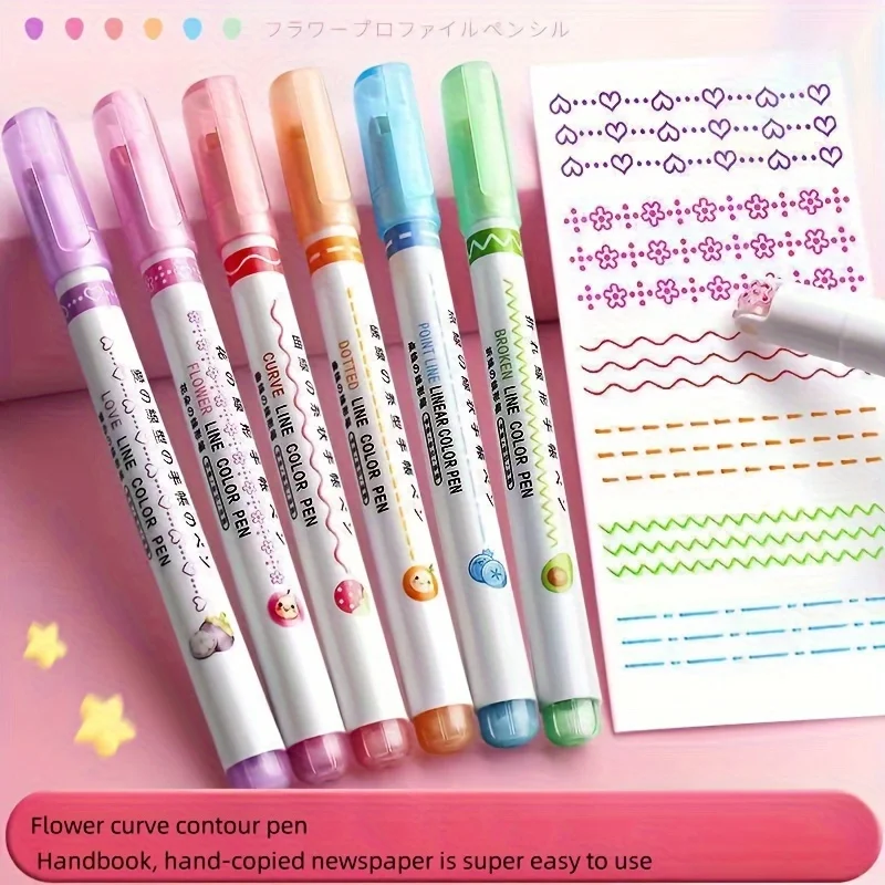 6pcs/set Flowers Outline Pens Roller Tip Curve Liner Highlighter Pen High Value Student Marking Key Mark Pictorial Stationery