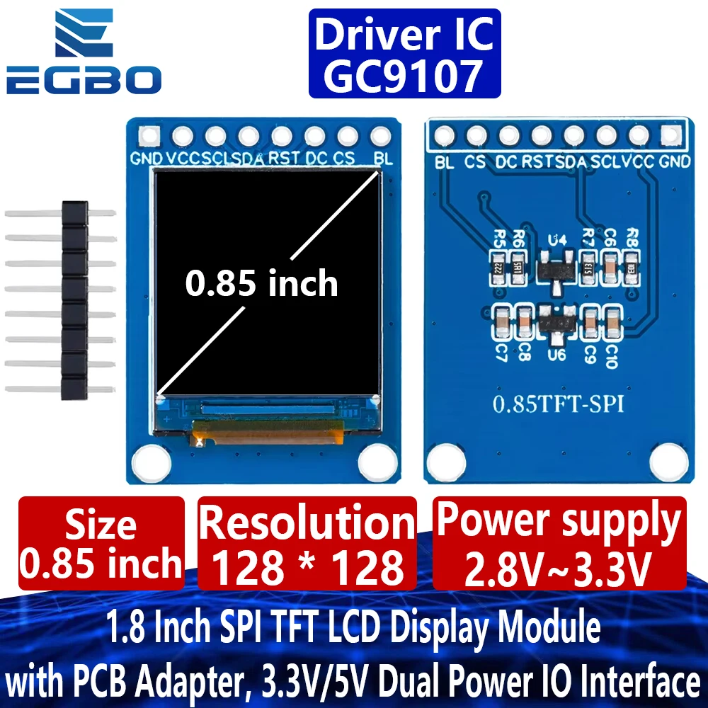 0.85 inch IPS HD TFT LCD Display Module 128x128 SPI Screen for Arduino, GC9107 Controller, High Brightness SPI Interface