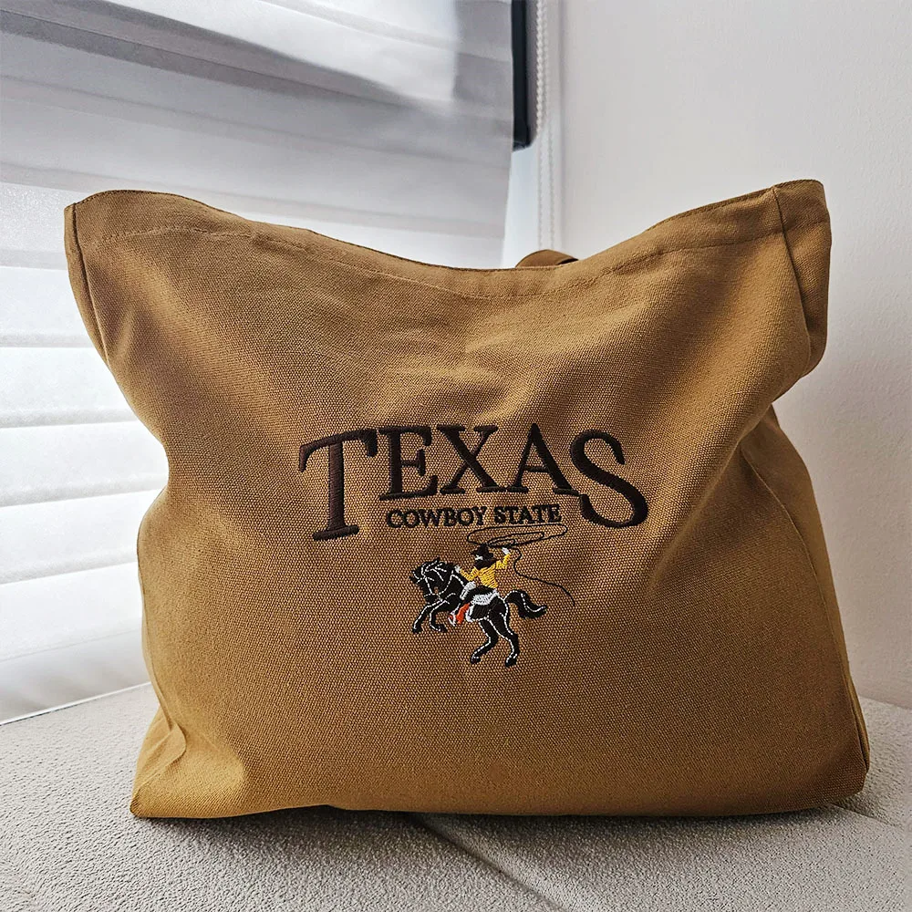 Texas Cowboy State Retro Embroidered Canvas Shoulder Bags 80s 90s Reusable Shopping Bags Ladies Casual Brown Handbag Tote Bag