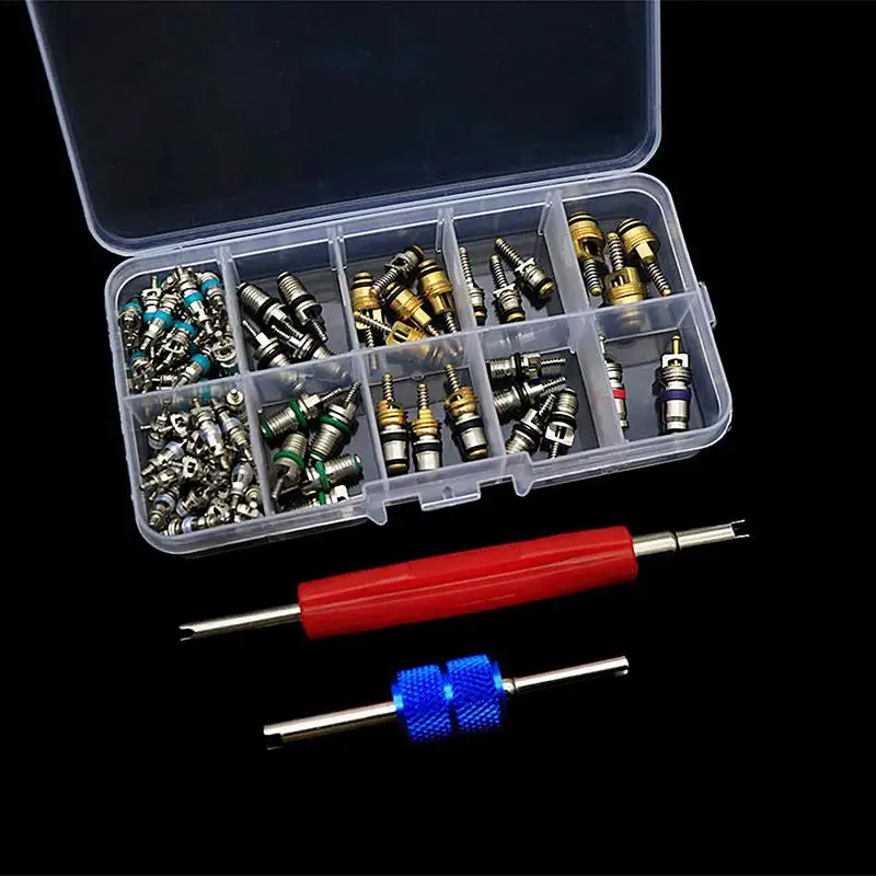 Refrigeration Valve Cores 102pcs Core Valve Refrigeration Kit AC Refrigeration Valve Stem With Double Head Remover Tool