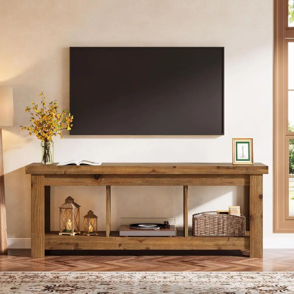 

Rustic Brown Solid Wood TV Stand for 63-75 Inch TVs, Entertainment Center with 3 Open Shelves