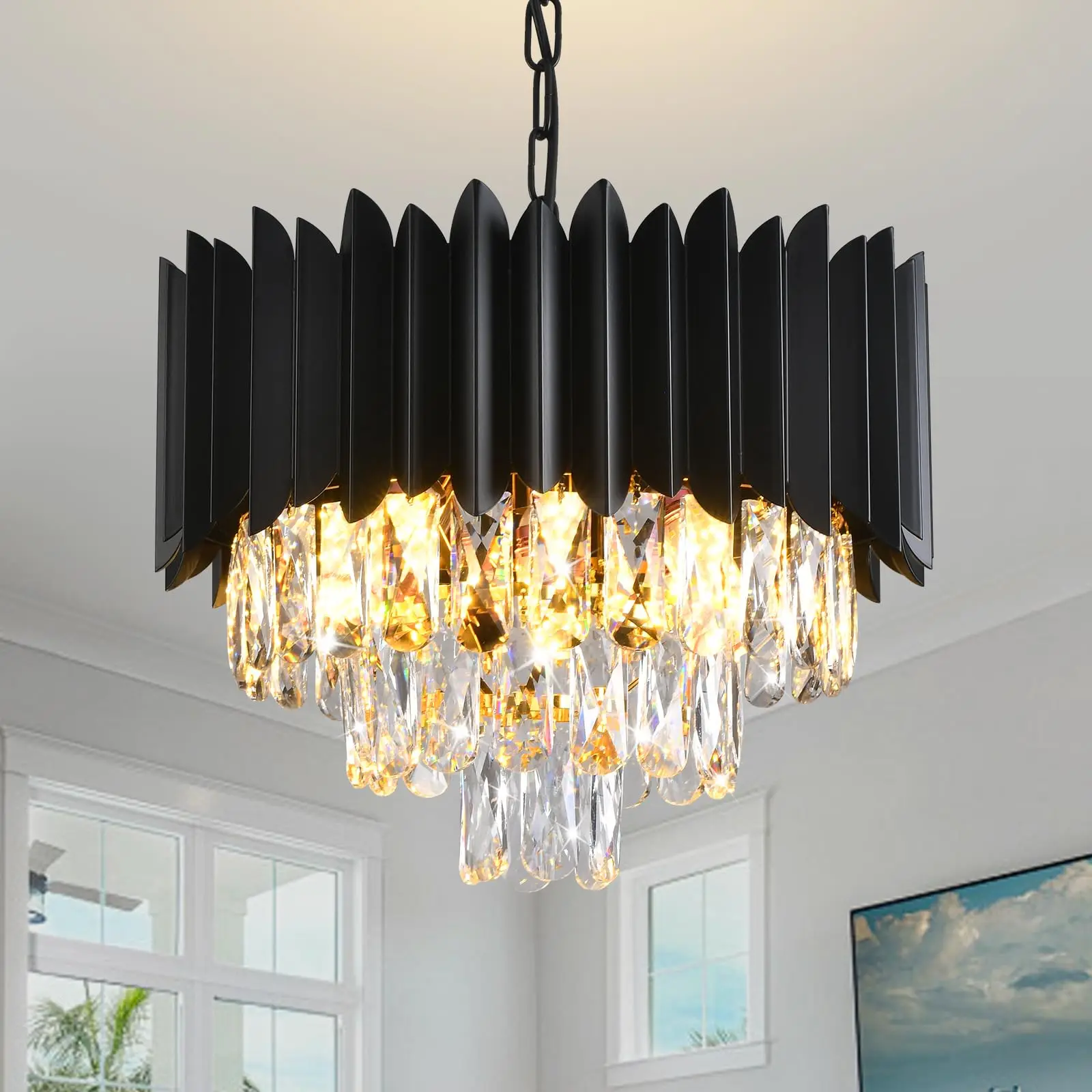 

Modern crystal pendant light 3-layer K9 circular black crystal pendant light fixture, suitable for dining rooms, bedrooms