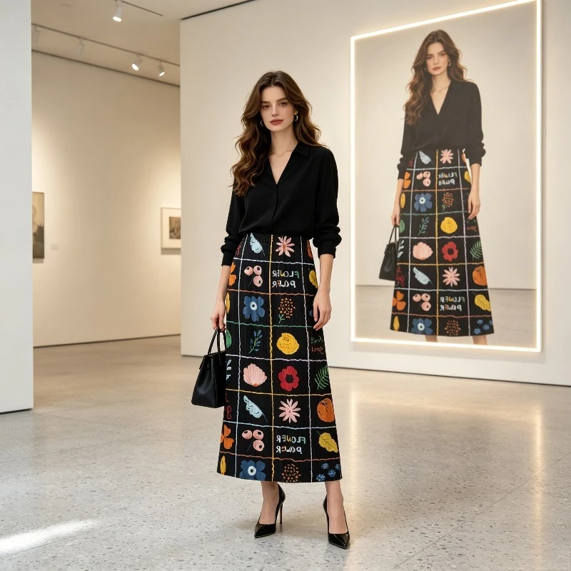 Miyake Pleated 2026 Summer Texture Niche Print High Waist Draped Mid-Length Skirt for Women Elegant and Slimming Summer Style