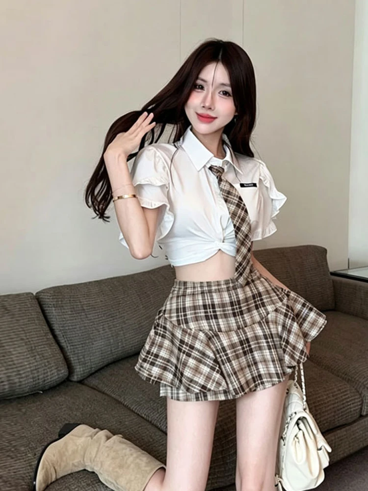 Slimming Effect White  Neck Knot Short Shirt Top High Waist Plaid  Skirt Pants Set American Style Hot Girl Outfit