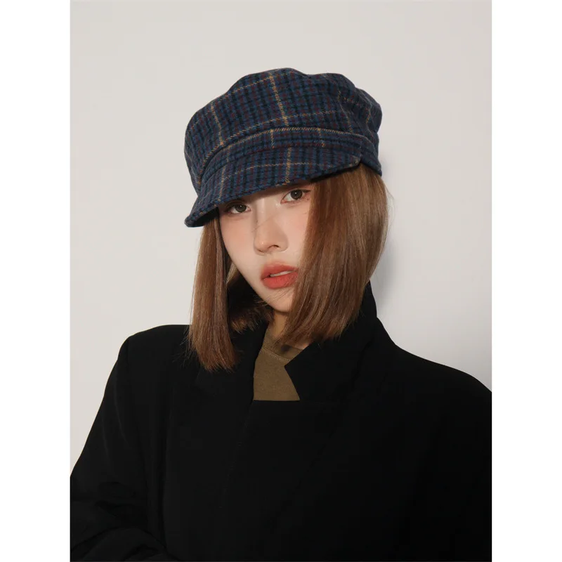 New Literary British Autumn and Winter Retro Plaid Octagonal Beret Street Temperament Warm Short Brim Newsboy Cap for Women