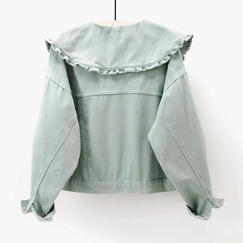 Chaqueta vaquera de manga larga con cuello Peter Pan para mujer, ropa de abrigo corta holgada de vaquero para estudiantes, chaqueta vaquera verde claro coreana, abrigo para mujer