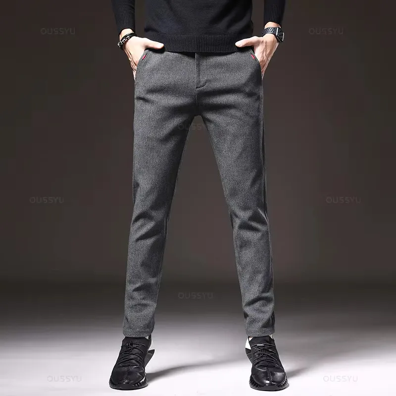 New Men's Casual Pants Business Fashion Elastic Waist Slim Fit Thick Grey Black Cotton Pants