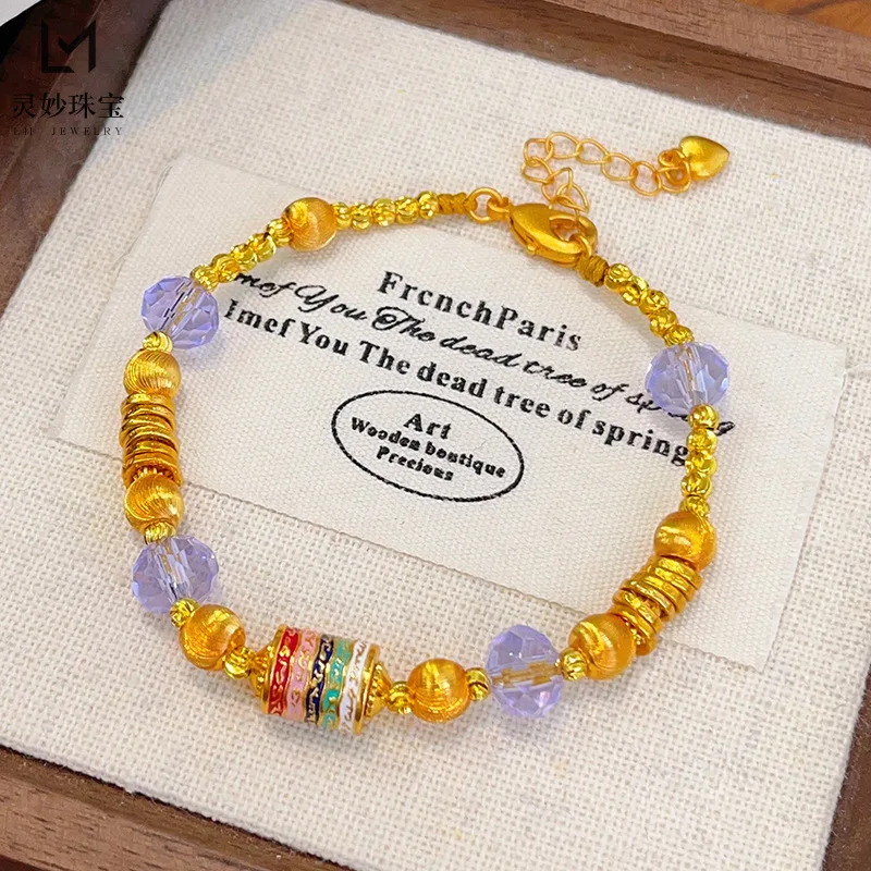 Butik z modą 9999 24-karatowe prawdziwe złoto emalia kolorowe koło modlitewne bransoletka z kotym oko bransoletka z fasetowanymi koralikami transportowymi