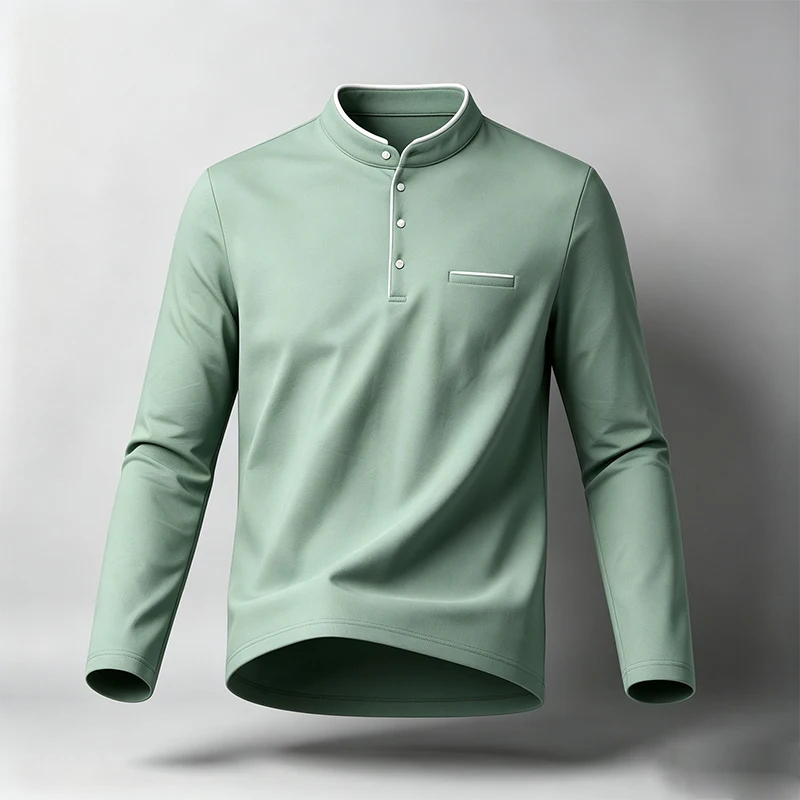 Herren-Polohemd mit Stehkragen, langärmelig, mit Brusttasche, ideal für Spaziergänge im Freien, Wochenendausflüge und Freizeitaktivitäten. – Detail 3