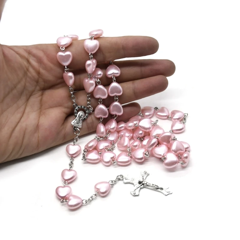 Catholic Love Rosary Prayer Necklace Mary Blessing Crossed Pendant Necklaces Heart Shaped Beads Long Chain Jewelry