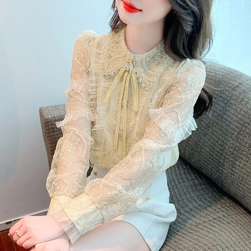 Pink Shirt Women 2023 Fall New French Puff Sleeves Luxury Heavy Industry Stand Collar Lace Embroidery Women Clothing