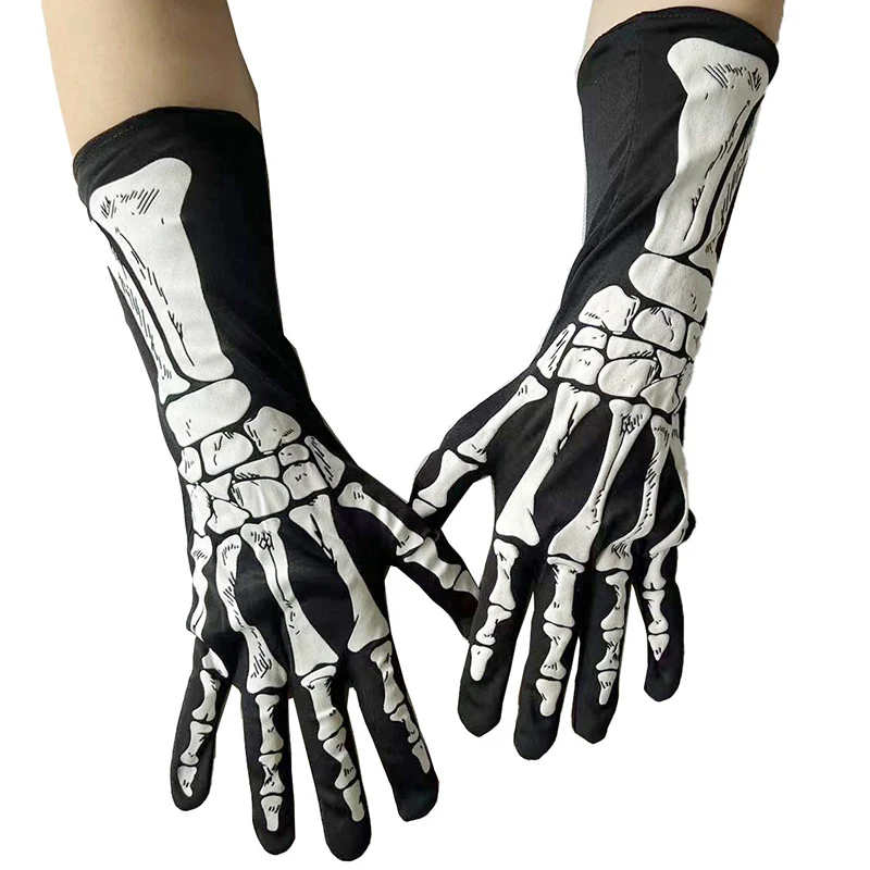 Guantes de esqueleto de Halloween Unisex para adultos, guantes largos con dedos completos que brillan en la oscuridad, manoplas góticas elásticas