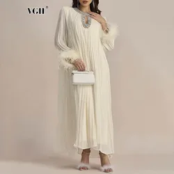 VGH Fashion Spliced Feathers Loose Chic Dress For Women O Neck Long Sleeve Hollow Out Patchwork Diamonds Pleated Dresses Female