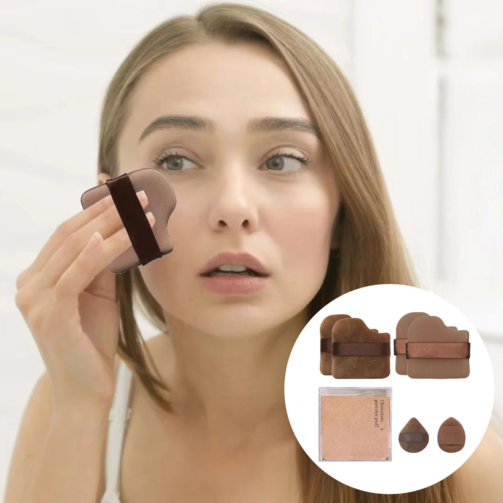 6Pcs Chocolate Cookie Puff Sponge Set - Velvet Powder Puff, Mini Thumb Sponge for Loose Powder & Cushion Foundation