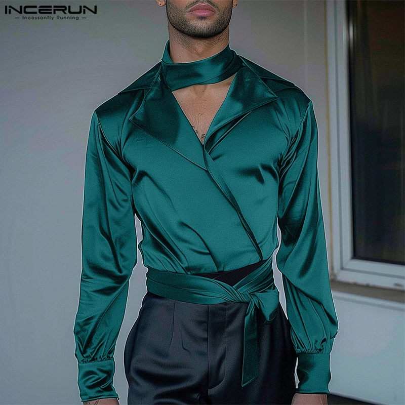 INCERUN New Men\'s Clothing Fashionable Personality Satin Design Shirt Male Clubwear Solid Comfortable V-neck Long Sleeved Blouse