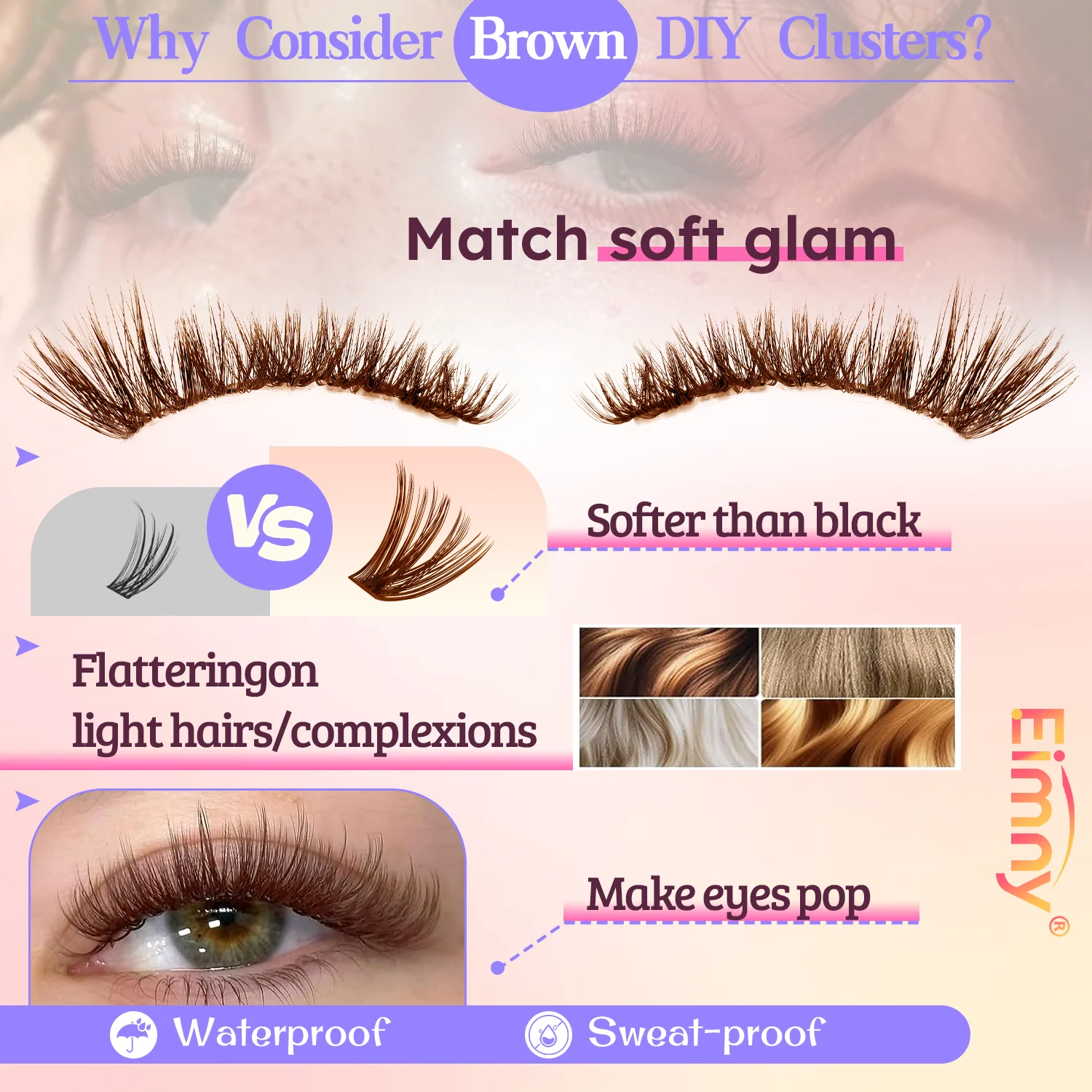 EIMNY 300-teiliges braunes Wimpern-Cluster-Set, warme braune Wimpern passen perfekt zu hellbraunen Haartönen, lang und für Anfänger geeignet – Detail 8