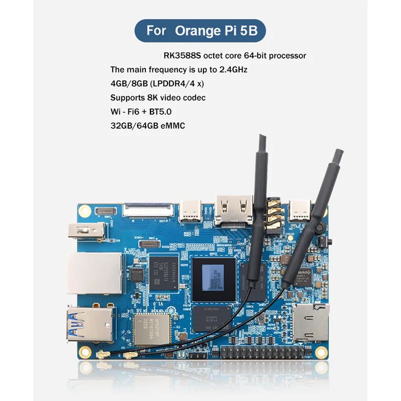 For Orange Pi 5B 16GB RAM+128GB EMMC Development Board RK3588S 8 Core 64 Bit Processor Programming Motherboard