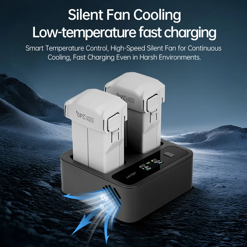 

Двухканальное параллельное зарядное устройство 72 Вт для DJI Mini 4 Pro/серии Mini 3, с HD-экраном, управлением через приложение, бесшумным вентилятором и 6-слойной системой безопасности