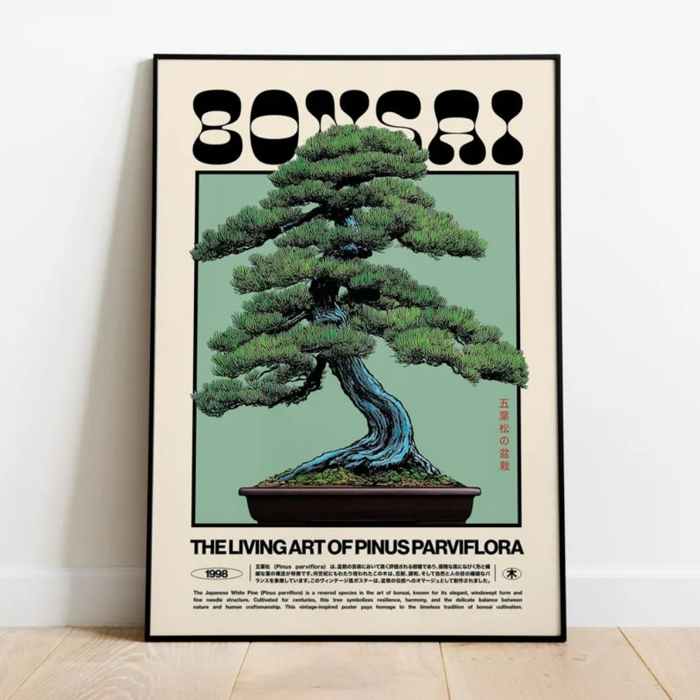 Ein rahmenloses Retro-Japanisches ästhetisches Bonsai-Kunstdruck-Retro-Leinwandposter aus weißer Kiefernholz für Wohnzimmer, Schlafzimmer, Wanddekoration