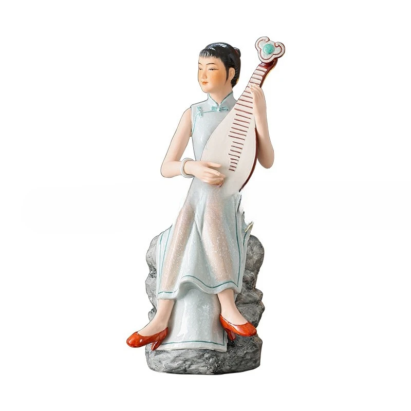 Republic of China style ceramic lady jade hand pipa woman TV cabinet home decoration Chinese gift blue and white porcelain