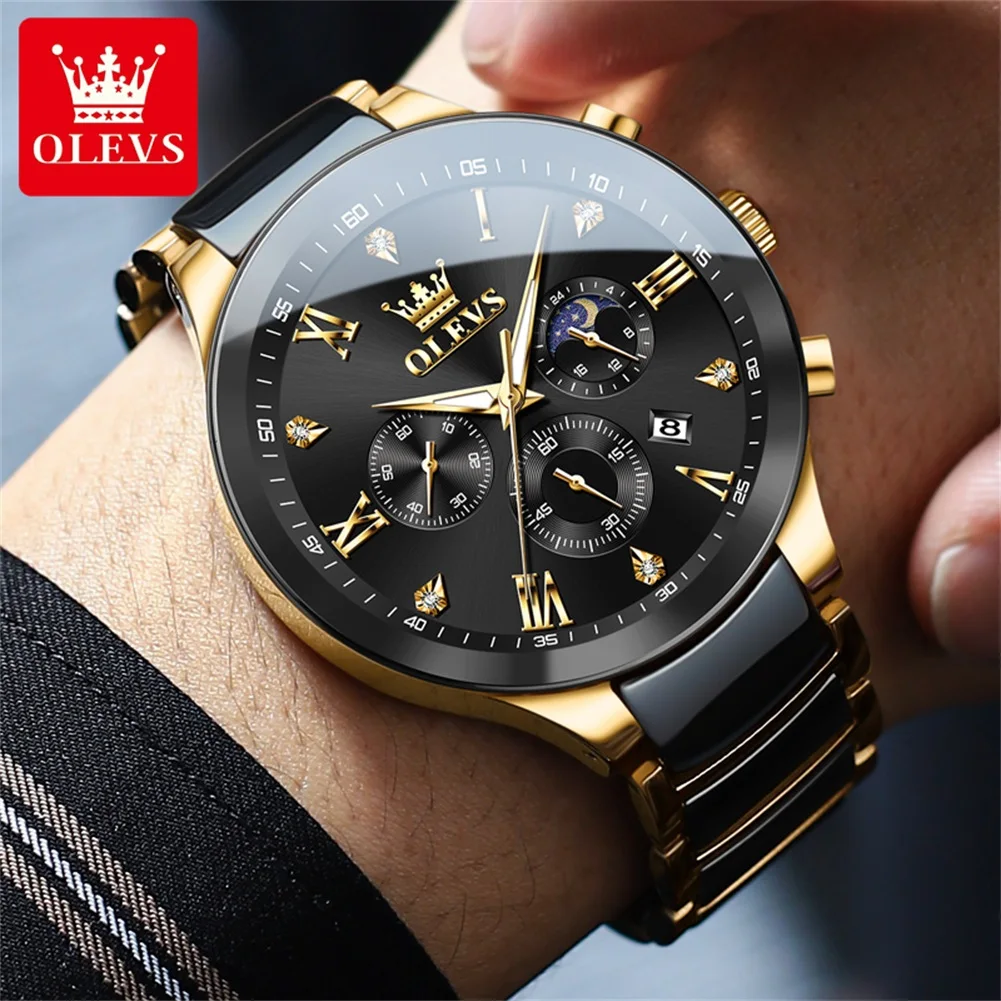 

OLEVS Premium Men's Watch Ceramic Steel Fashion Business Quartz Wristwatch nen's Timepiece Luxury Moonphase Chronograph Man Gift
