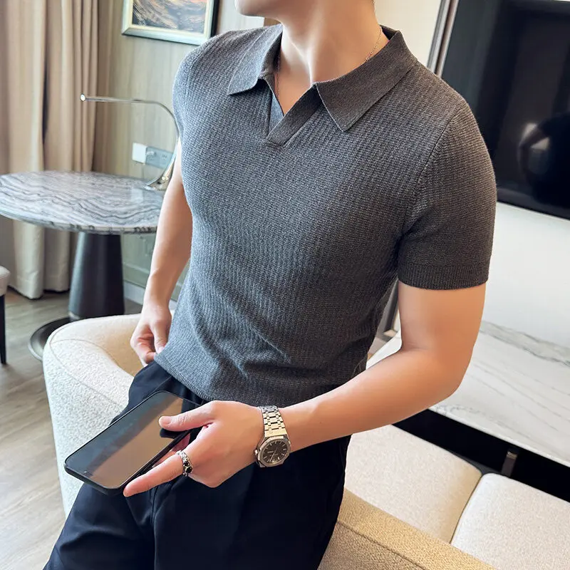 Men's Slim Fit Polo Collar Jacquard Knit Sweater - Beige, Gray, Brown  Black, Modern Base Layer for Casual & Formal Wear T-shirt