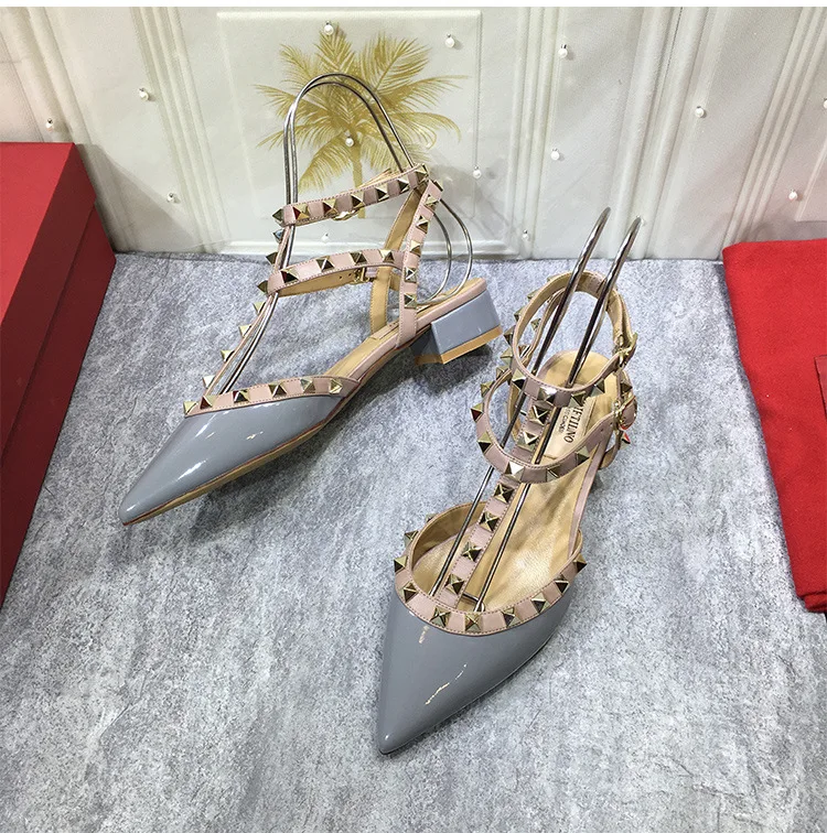 2024 New Summer Sandals Pointed Low Heeled Shoes Fashion Thick Heels Rivet Strap Color Matching Sandals For Women Patent