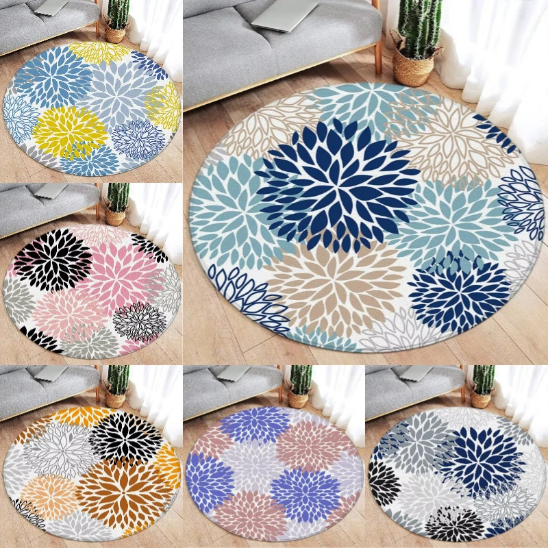 Round Abstract Dahlia Carpet Modern Boho Ethnic Style Blue Floral Art Home Living Room Bedroom Bedside Decor Floor Rugs Mats