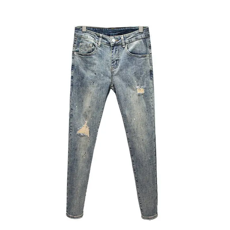 Jeans jeans de luxo slim masculino, furos rasgados, pintas pintadas, calças de grife casual, moda, primavera, outono