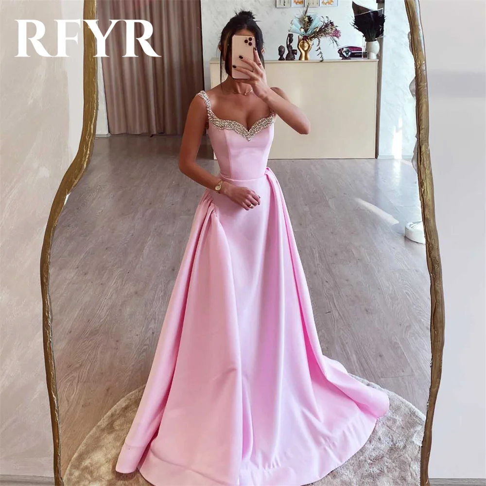 

RFYR Simple Pink Long Party Dress A-Line Sexy Night Dresses Pleats Satin Spaghetti Strap Celebrity Dresses vestidos de fiesta