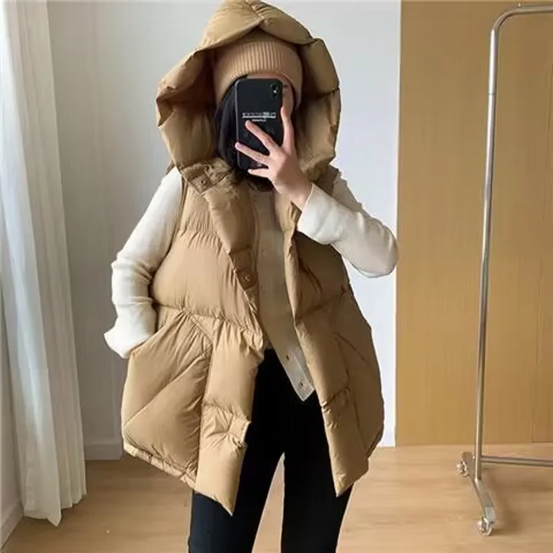 

90% White Duck Vest for Women Fall Winter 2024 New Sleeveless Zipper Down Coats with A Hood Vintage Casual Thicken Warm Jacket