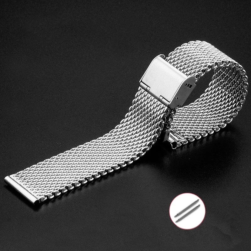 16 مللي متر 20 مللي متر 22 مللي متر ميلان حزام (استيك) ساعة سوار العالمي حزام (استيك) ساعة 0.6 مللي متر شبكة الفولاذ المقاوم للصدأ حزام الفضة ساعة سوداء اكسسوارات
