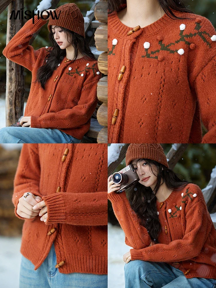 MISHOW Vintage Embroidery Pointelle Knitted Cardigan Outerwear Women Winter Clothing Button Design Warm Sweater Tops MXD57Z1086