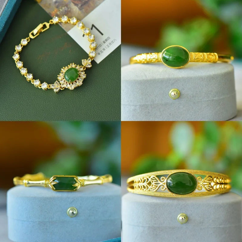 

Медный инкрустированный браслет Hetian и Bi с бриллиантами, нефритовые бусины золотого цвета