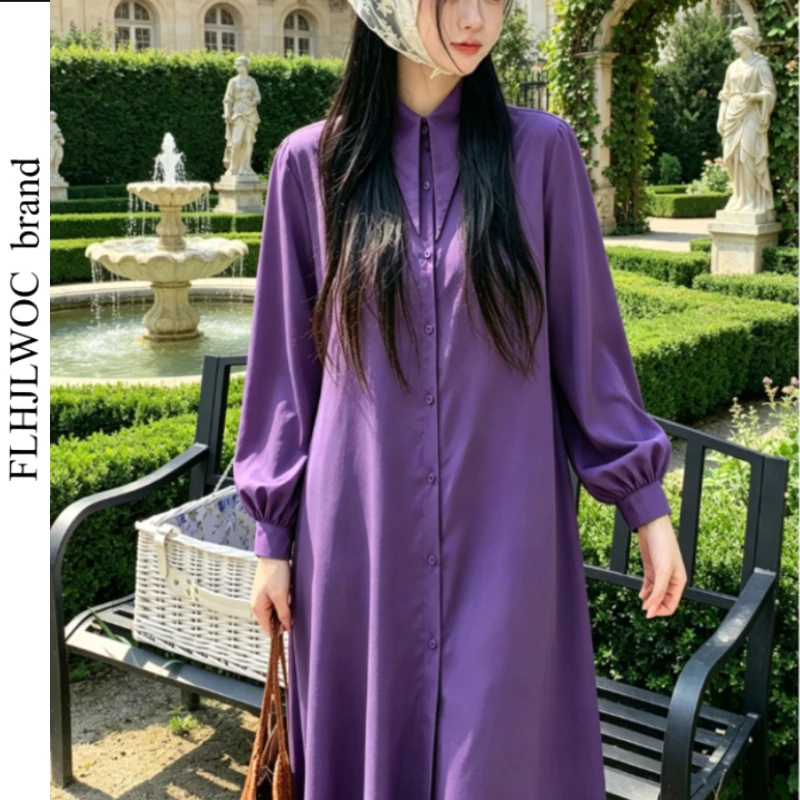 

Новое модное женское платье-рубашка с длинным рукавом, однотонное, с воротником, элегантное, фиолетовое, во французском стиле, повседневное, свободное, длинное макси-платье