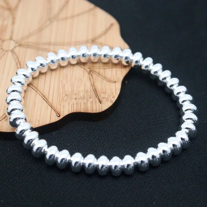 Real Pure 999 Fine Silver Chain Men Women 6.5mm Glossy Abacus Beads Bracelet 31-32g