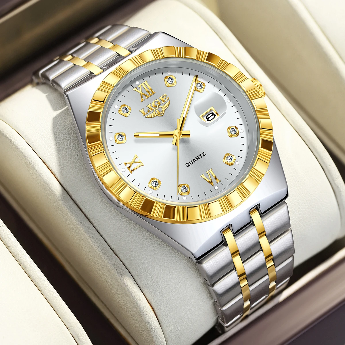 LIGE 2025 أفضل ساعات كوارتز نسائية بسيطة فاخرة مضيئة الفولاذ المقاوم للصدأ التقويم مقاوم للماء ساعة السيدات reloj de mujer + BOX