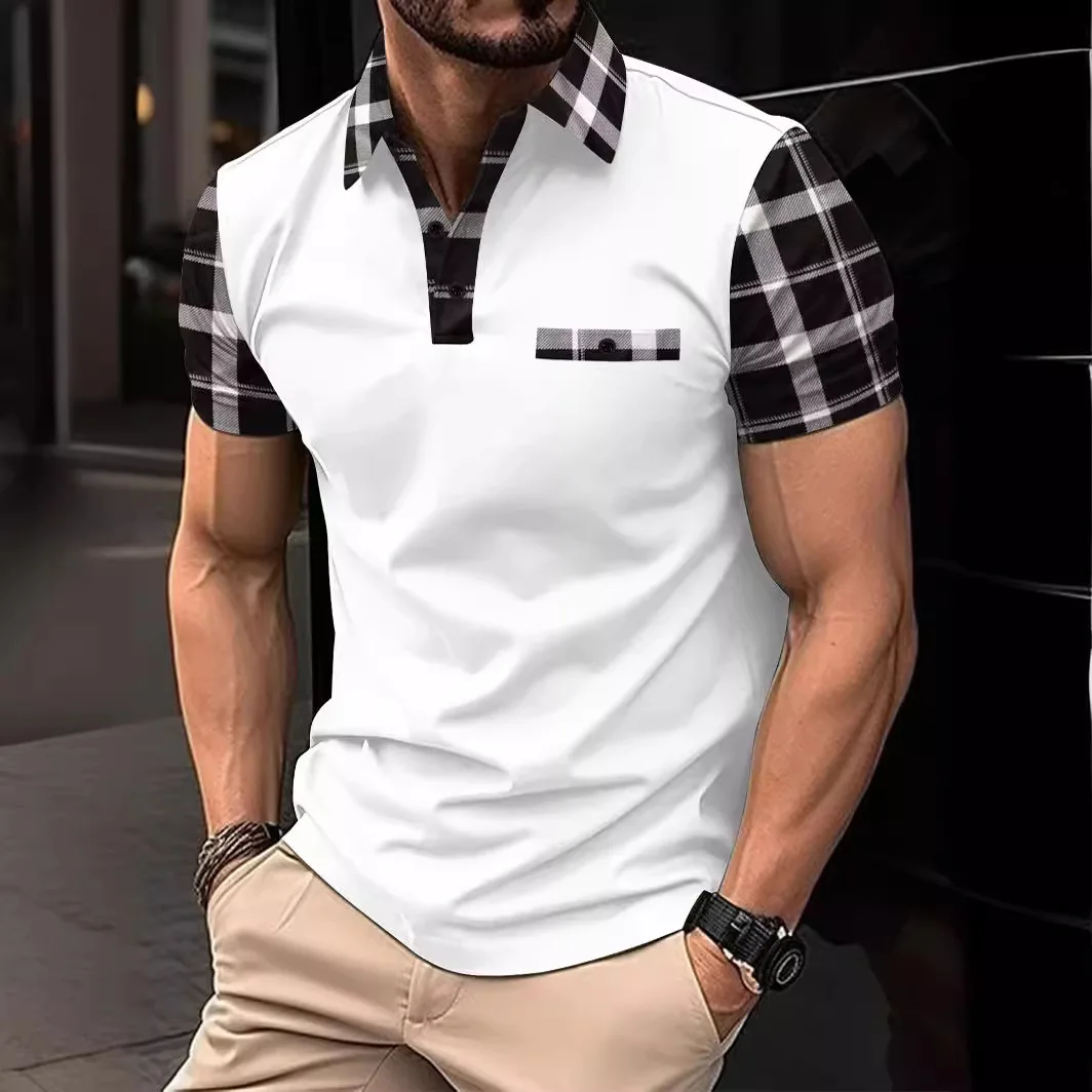 Summer Men's Fashion Polo Sequoia Checkered Print Men's Leisure V-neck Button Short Sleeve Men's Comfortable Lining