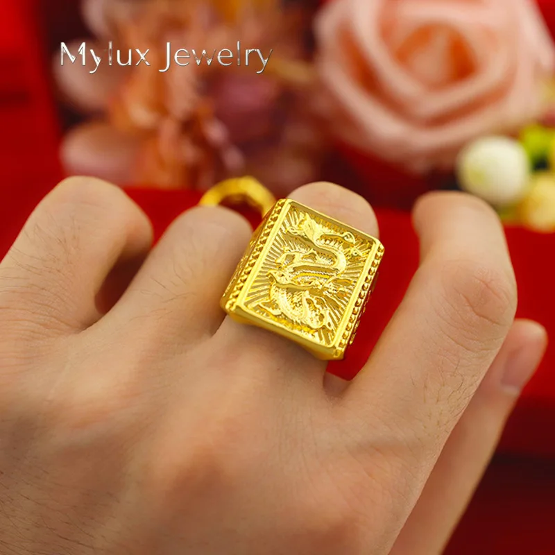 Mylux Jewelry Men's 24K Gold (AU999) Open Wealth Dragon Ring | Gold-washed faceted head, filigree sea motifs with citrine
