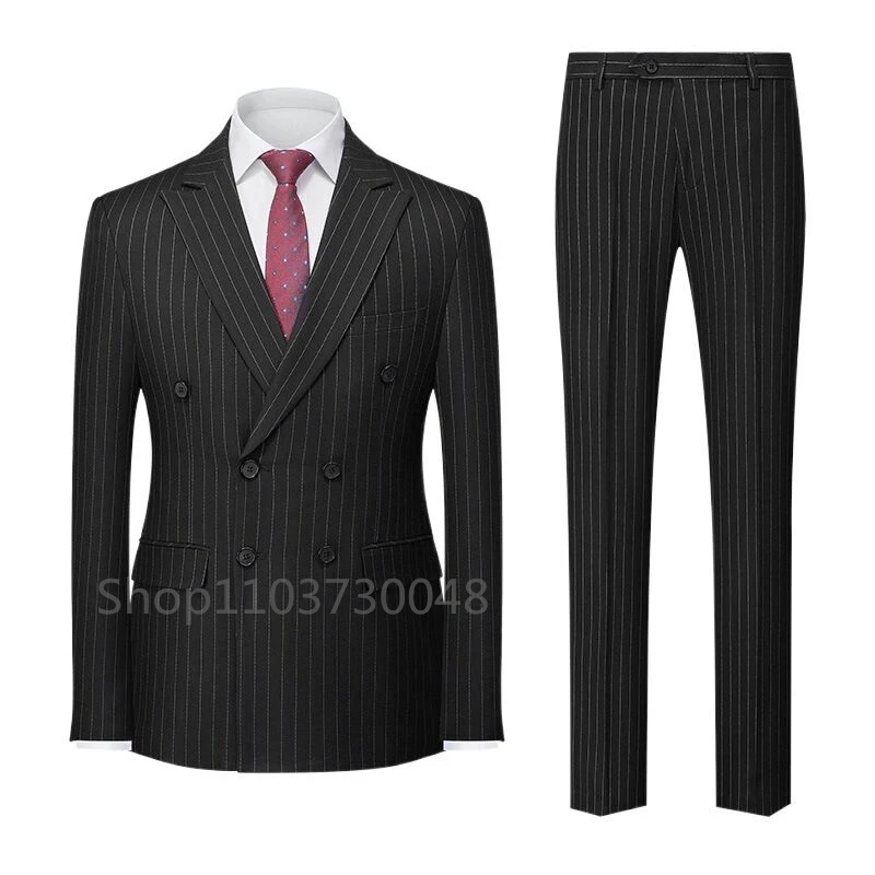 

Black Striped Men Suits Slim Fit Peak Lapel Double Breasted Blazer Wedding Groom Tuxedos 2 Piece Business Set (Jacket+Pants)