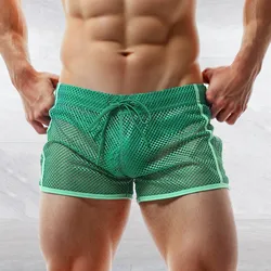 Sexy Men Mesh Board Shorts Bugle Pouch Beach Swimwear Bikini Fishnet Underwear Transparent Hollow Out Swim Trunks Boxer Shorts